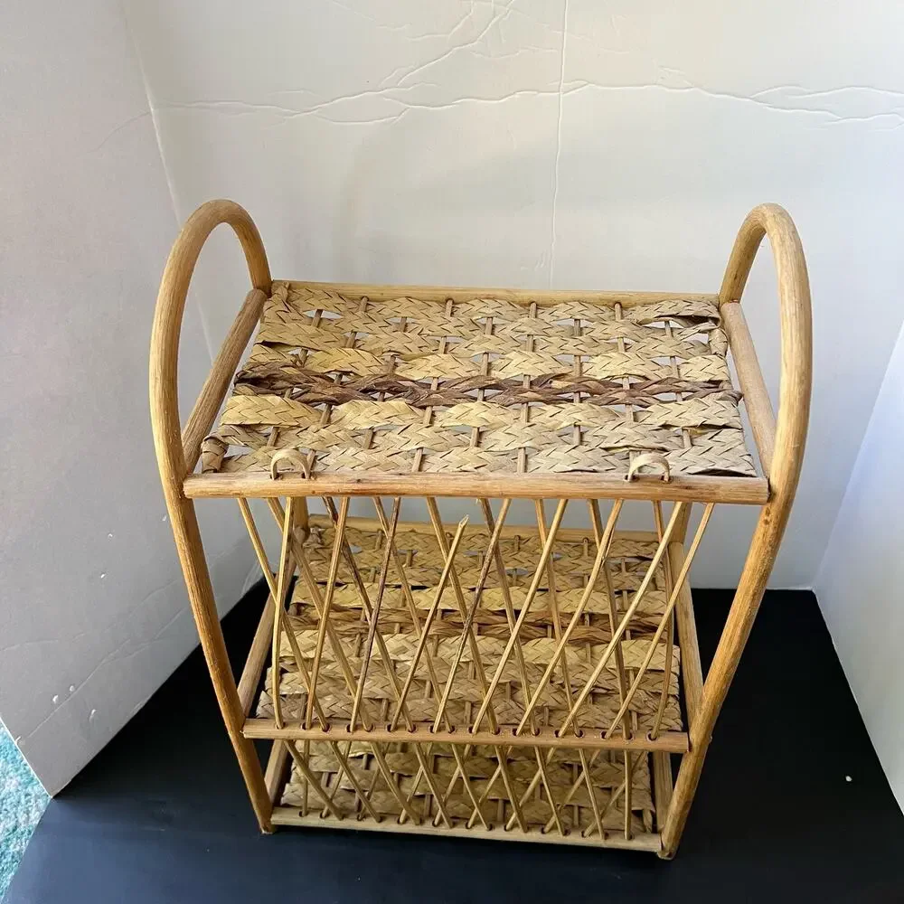 Vintage Wicker Rattan Wall Cabinet Shelf Hanging Bathroom Boho MCM Folding Towel